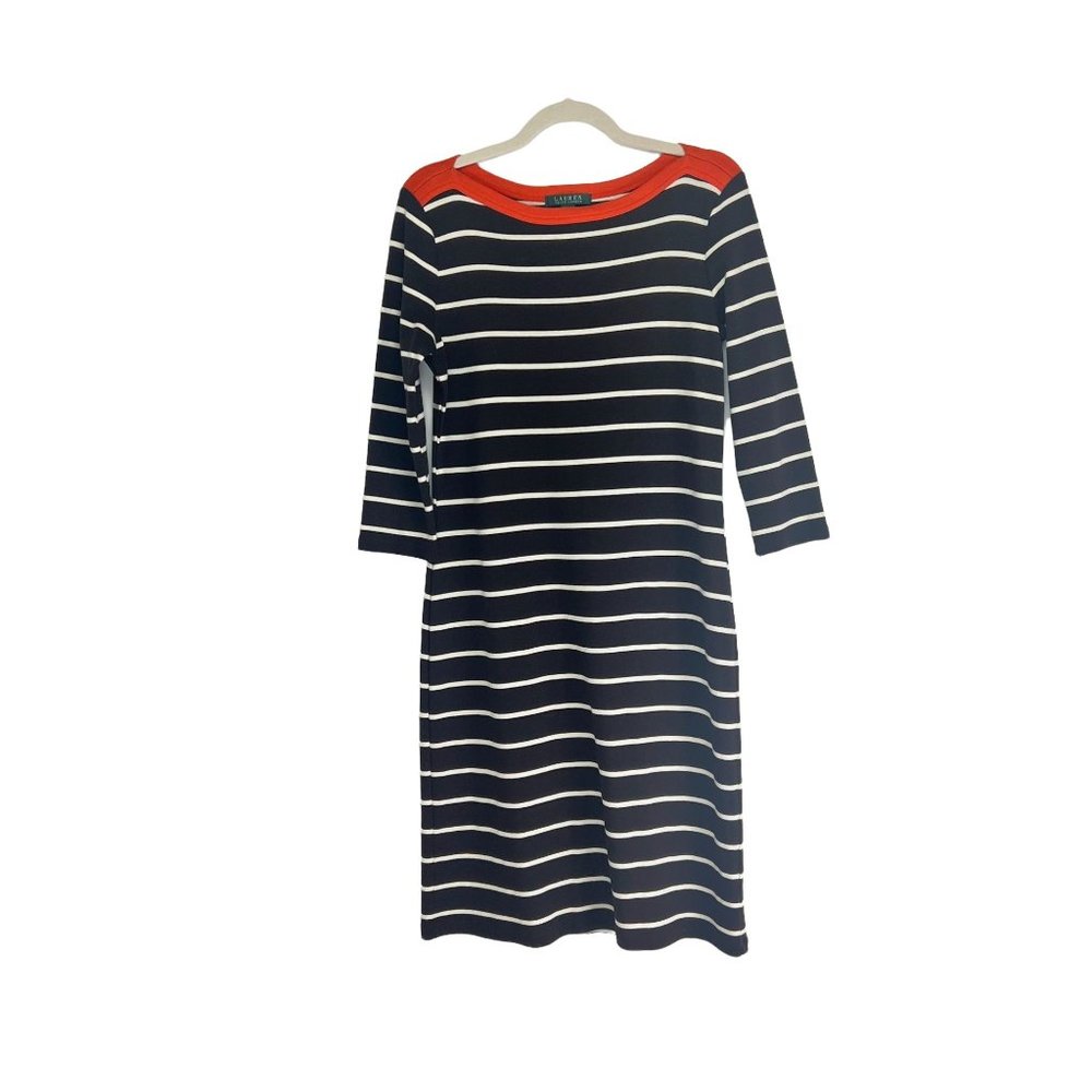 Ralph Lauren 100% Cotton Black/White Midi Striped Dress Size M